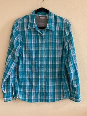 L.L. Bean Teal and White Plaid Button-Down Shirt